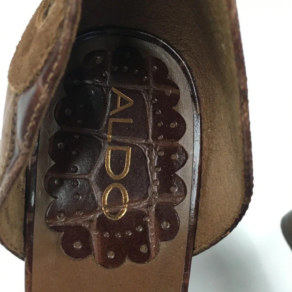 Aldo Croc Embossed Suede Wedge Heels EU 37 Brown Dark Academia Professional